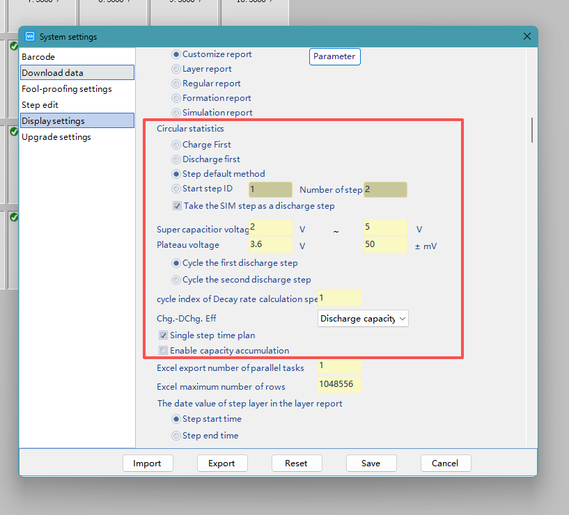 Modify circular statistic method, Charge/discharge efficiency, platform voltage, or keep defaut setting