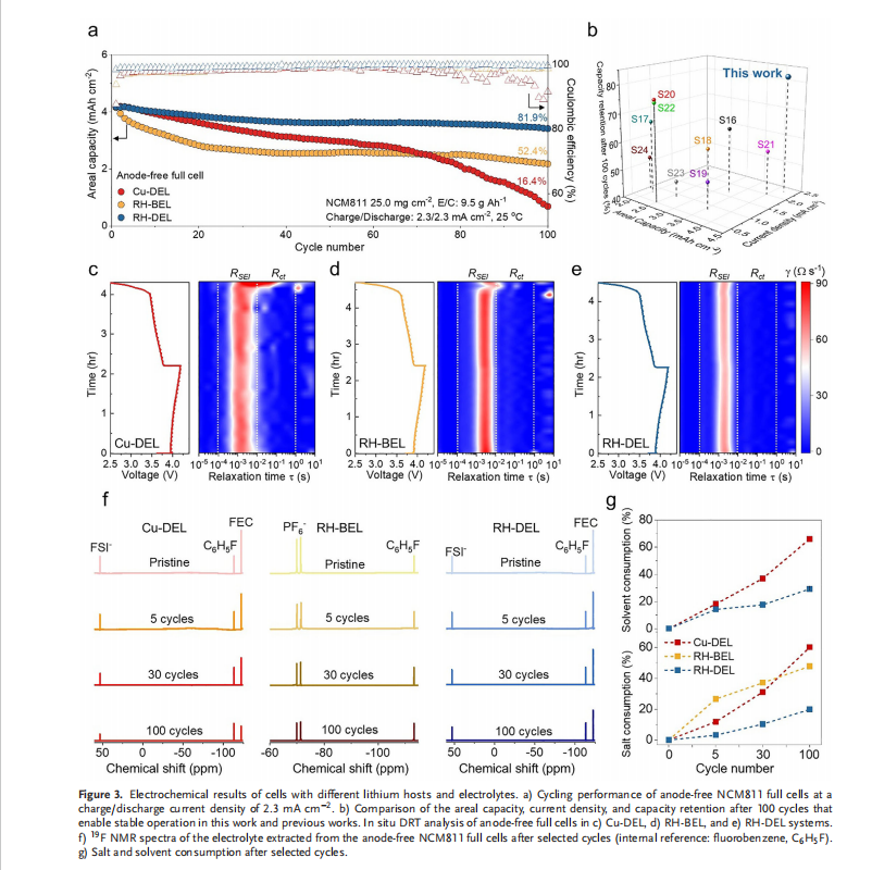 Electrochemical results of cells with different lithium hosts and electrolytes.