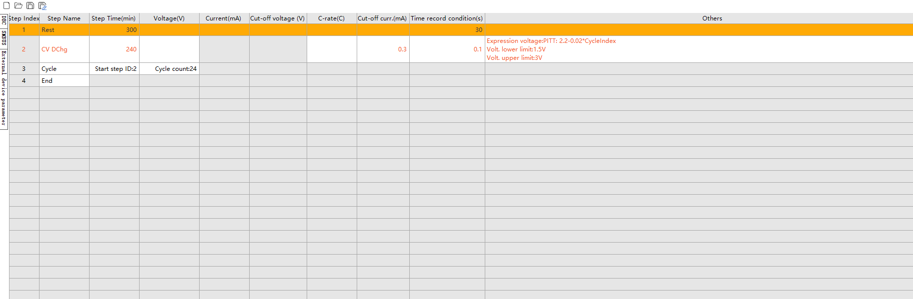 Figure 2 Discharge step settings on Neware BTS