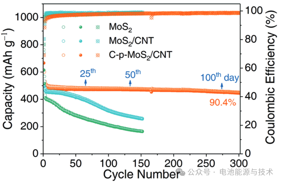 Figure 6. Cycling performance of the C-p-MoS₂/CNTs anode material at a current density of 0.1 A g⁻¹.