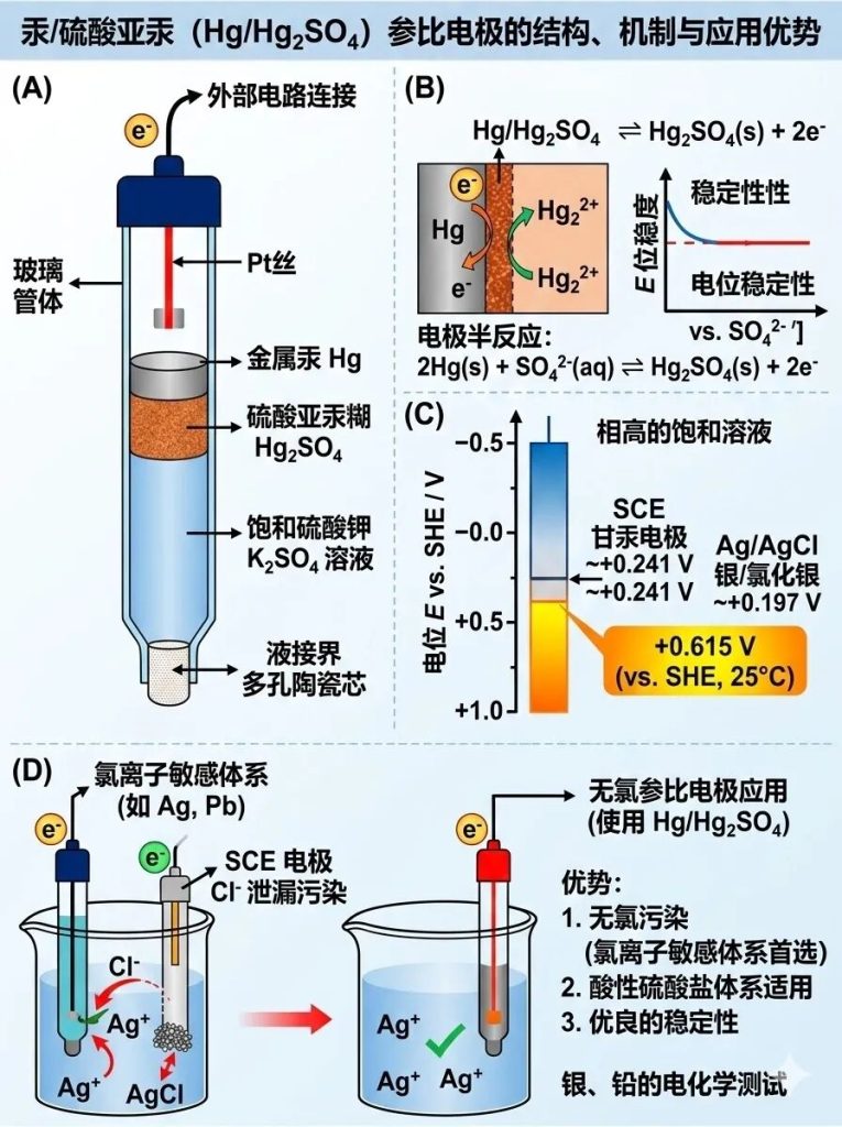 Five of the 5 most common reference electrodes in electrochemistry: Mercury/mercurous sulfate electrode (Hg/Hg₂SO₄)