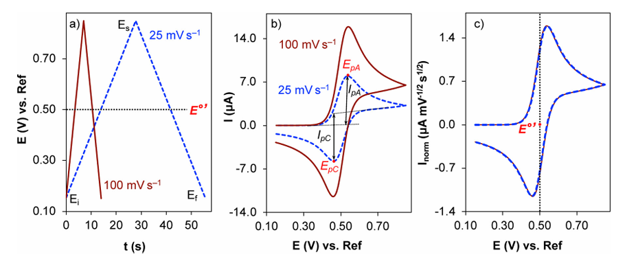 Figure 2: Fundamental waveforms and signal origins of Cyclic Voltammetry (CV): A linear triangular potential sweep generates an anodic peak during the forward scan and a cathodic peak during the reverse scan.Source: DOI: 10.1039/d2cs00706a